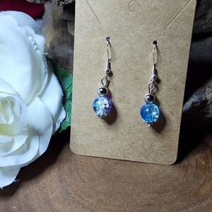 Hand Crafted Dangle Drop Earrings With Blue and Purple Crackle Glass Beads